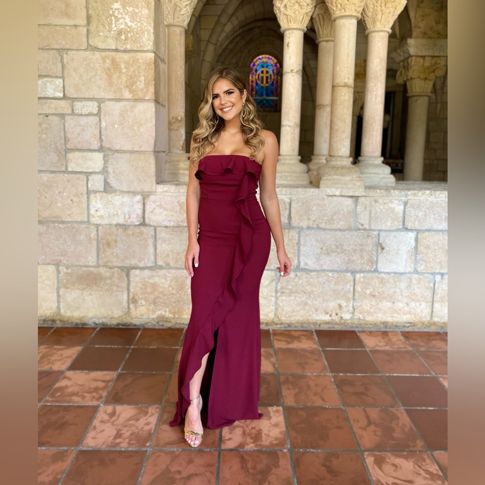 Lulus Burgundy Ruffled Strapless Maxi Dress with Slit
